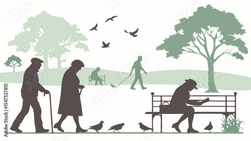 Elderly Couple Walking, Person Reading on Bench, Dog Walker in Park Silhouette Illustration