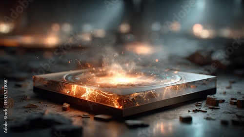 Dramatic close up of a computer circuit board with sparks and energy surging through the intricate electronic components creating a powerful and disruptive visual effect