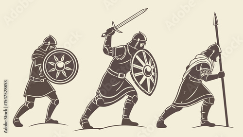 Historical illustration of ancient and medieval warriors. Soldiers in armor with shields, swords, spears. Vintage army battle graphic.