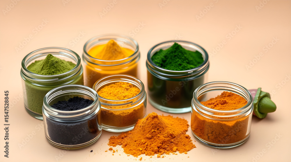Colorful superfood powders filling small glass jars on beige background Colorful superfood powders filling small glass jars on beige background
