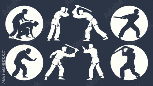 Martial Arts Self Defense Training Combat Techniques Silhouette Icons Set Illustration Vector Attack Defense Fight Sparring