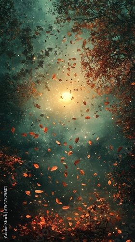 Magical autumn night, leaves falling, moonlit scene.