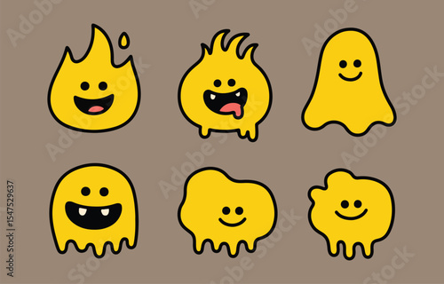 Six adorable yellow cartoon characters with happy faces fire spiky hair ghosts and amorphous shapes