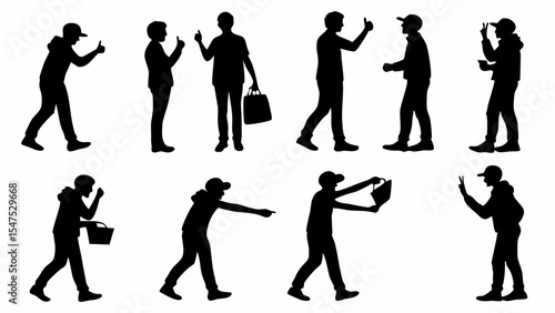 Silhouettes of casual people in various poses walking standing giving thumbs up holding bag and phone vector illustration