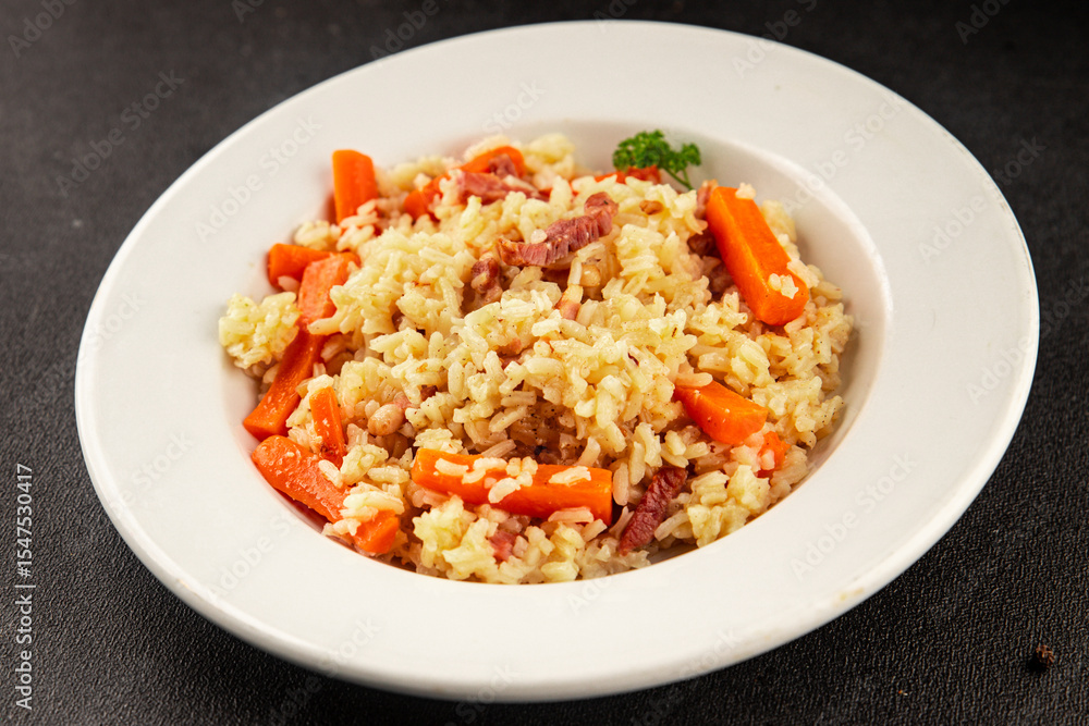 Rice meat and vegetables pilaf fresh delicious gourmet food background on the table rustic food top view copy space Rice meat and vegetables pilaf fresh delicious gourmet food background on the table rustic food top view copy space