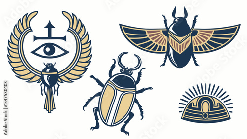 Egyptian symbols set scarab beetles Eye of Horus winged sun disk ancient culture mythology icons graphic