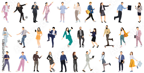 Office and business people vector collection - Set of characters working with computers, standing, talking and doing work. Flat design illustration