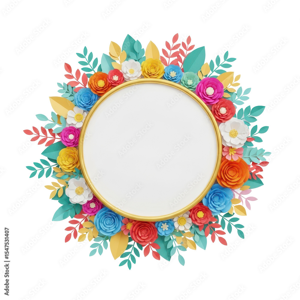 Fototapeta premium Colorful Paper Cut Flower Wreath Frame Mockup Template Isolated on White Background