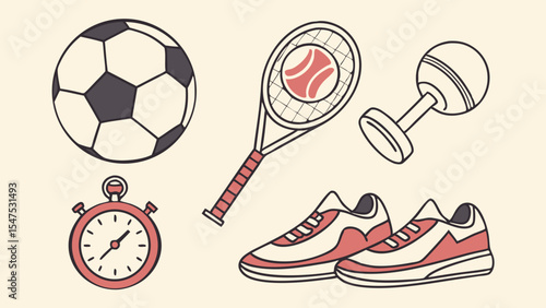 Collection of sport fitness workout exercise gear for healthy lifestyle with soccer ball tennis dumbbell stopwatch shoes