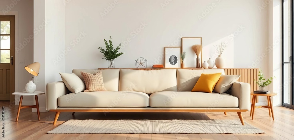 Fototapeta premium Low mid-century modern sofa, wooden accents, minimal decor, simple living room, texture, low sofa