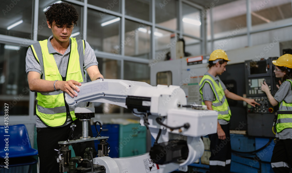 Robot maintenance engineer working on robot arm connection. Young adult man learning training robotic machine engineering in futuristic electronic education academy. Artificial intelligence technician Robot maintenance engineer working on robot arm connection. Young adult man learning training robotic machine engineering in futuristic electronic education academy. Artificial intelligence technician