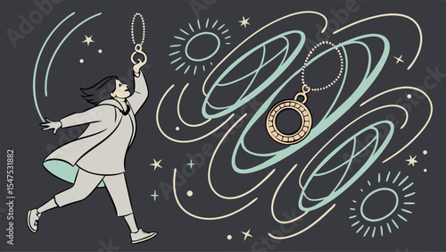 Abstract illustration of a person reaching up for a spiritual ring, connecting with the universe, cosmic energy, future, and destiny