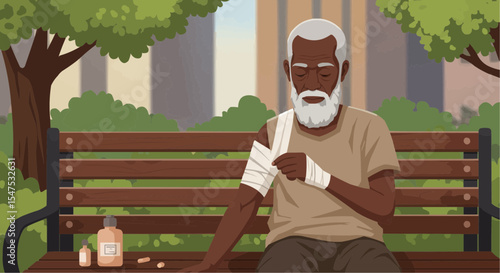 Elderly man applying bandage on his arm while sitting on a bench  