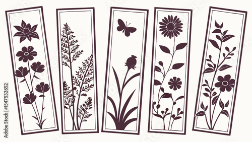 Set of Five Botanical Bookmarks with Floral and Plant Silhouette Designs Nature Theme Reading Accessories