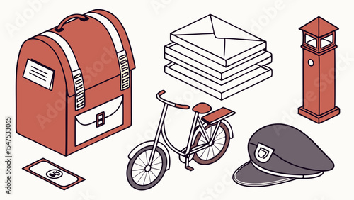 Vintage postal service isometric illustration set mail bag bicycle envelopes post box cap stamp communication
