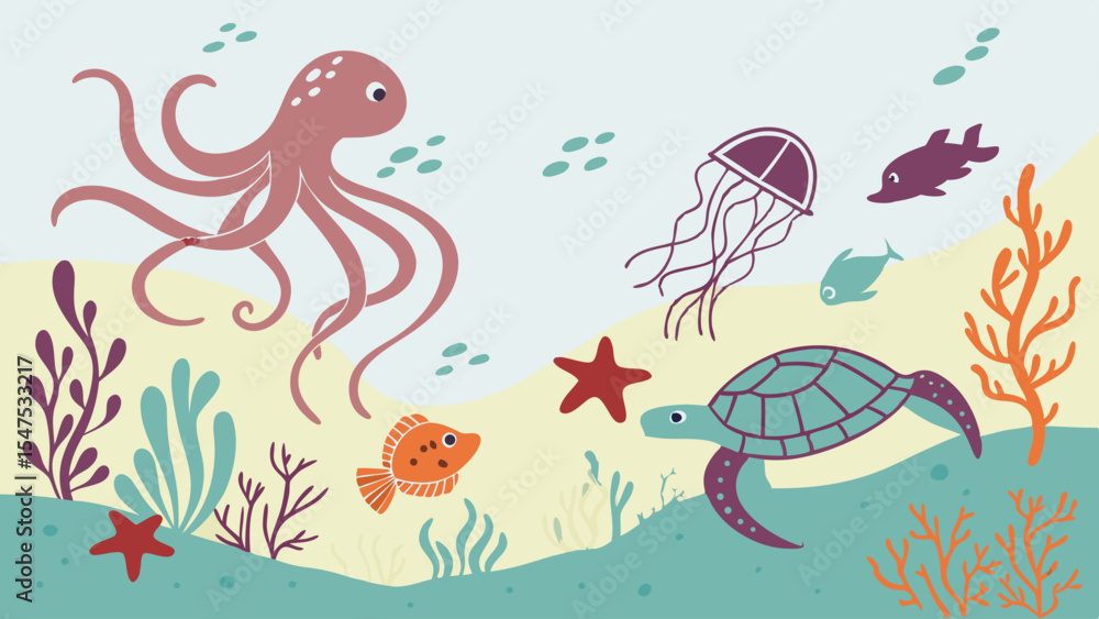 Obraz premium Cute cartoon underwater sea animals illustration octopus turtle jellyfish fish starfish marine life background