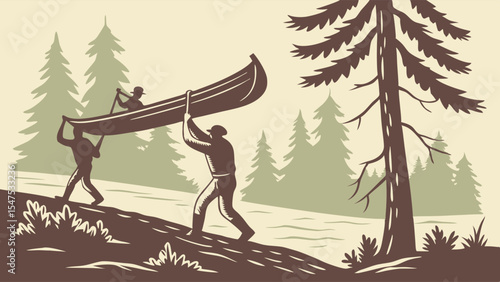 Vintage illustration of men portaging canoe uphill in forest wilderness adventure journey