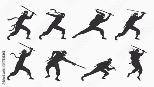 Set of Ninja Silhouettes in Dynamic Action Poses with Swords - Martial Arts Training and Combat Figures