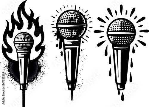  three different microphones. They are illustrated in black and white. Each has a spray paint effect.