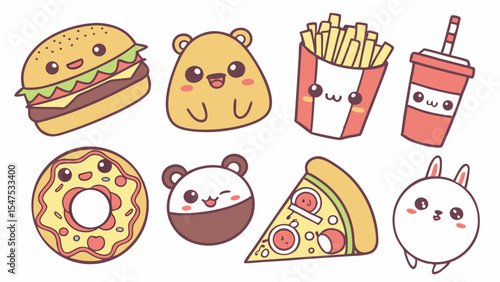 Cute cartoon food and animals collection. Kawaii style illustration set with burger, fries, soda, donut, pizza, bear, bunny.