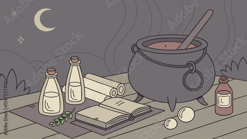 Fantasy Witchcraft Magic Ritual Cauldron with Potions and Spellbook at Night