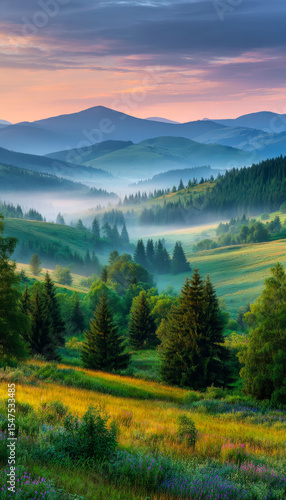 Scenic view of rolling green hills and lush forests with mountain backdrop during sunrise