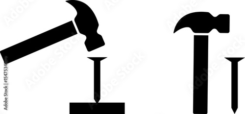 Hammer beat to nail icon set.  Working process. Repair tool. Carpenter hammer. construction industry