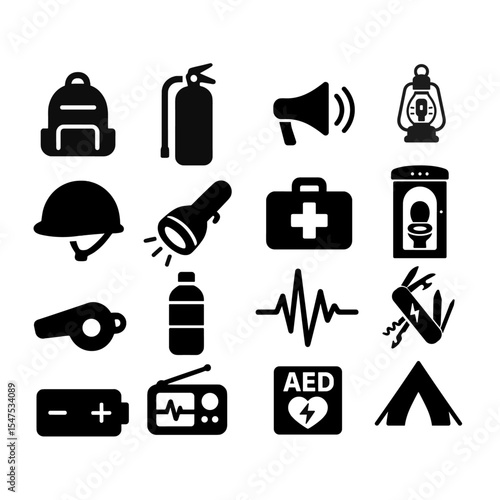 防災アイコンセット（白黒シルエット）｜Emergency Preparedness Icon Set (Black & White Silhouette)