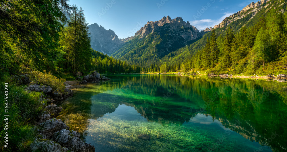 Fototapeta premium Serene mountain lake surrounded by lush forest and towering peaks under a clear blue sky