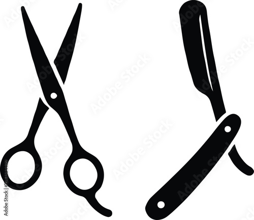Barber Tools and Symbols Including Scissors, Razor, and Barber Pole