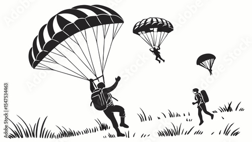 People Skydiving Parachuting Landing Extreme Sport Adventure Outdoor Activity Action Black White Vector Freedom Challenge