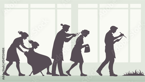Silhouettes showing beauty salon hair care service process stylist customer transformation.