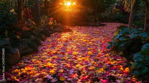 Sunlit autumn path strewn with vibrant leaves