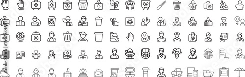 Diverse line icons set people professions medical waste recycling. eps-10
