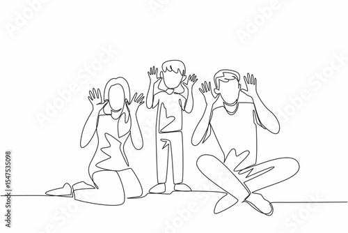 Single one line drawing the daughter stands in the middle of the seated father and mother. Hearing problem. Symbol of not hearing. Mother Father Deaf Day. Continuous line design graphic illustration