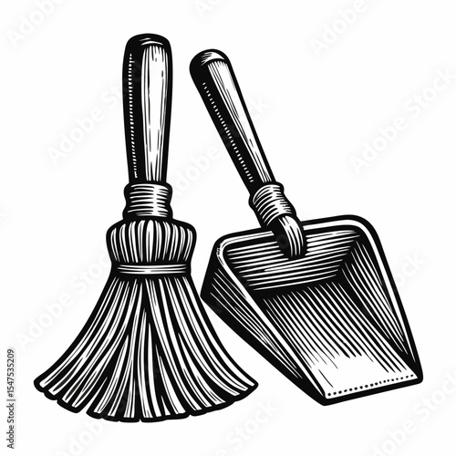Cleaning tools, broom and dustpan set for housekeeping.  Broom and dustpan, essential cleaning supplies for home and office use.