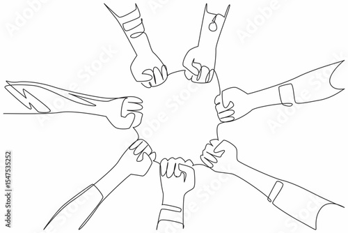 Single one line drawing some superhero hands of various variations and colors. Seven heroes present ready to help humans. Defender. National Superhero Day. Continuous line design graphic illustration