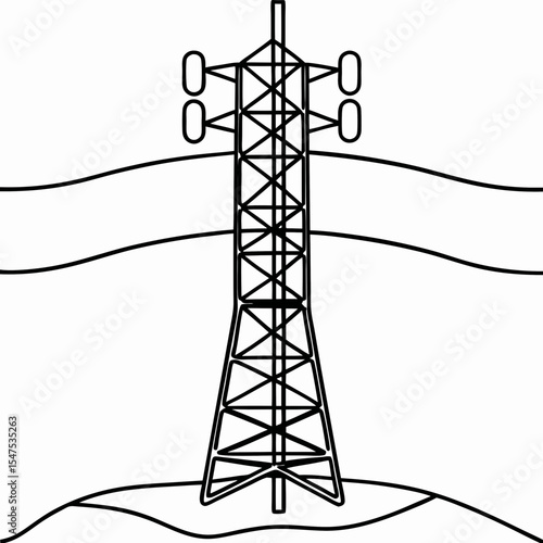 Tall cell tower illustration with antennas. Detailed cell tower design showing structure and antennas.  Cell tower graphic for communication industry applications.