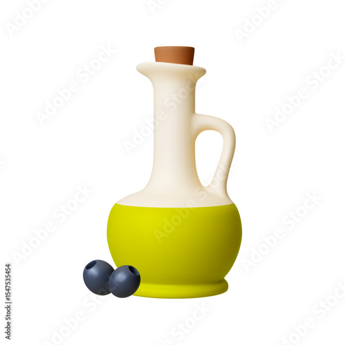 Olive oil jar 3d icon. Decanter of vegetable oil and black olives. Isolated realistic fresh mediterranean food, harvest agriculture time, vector element