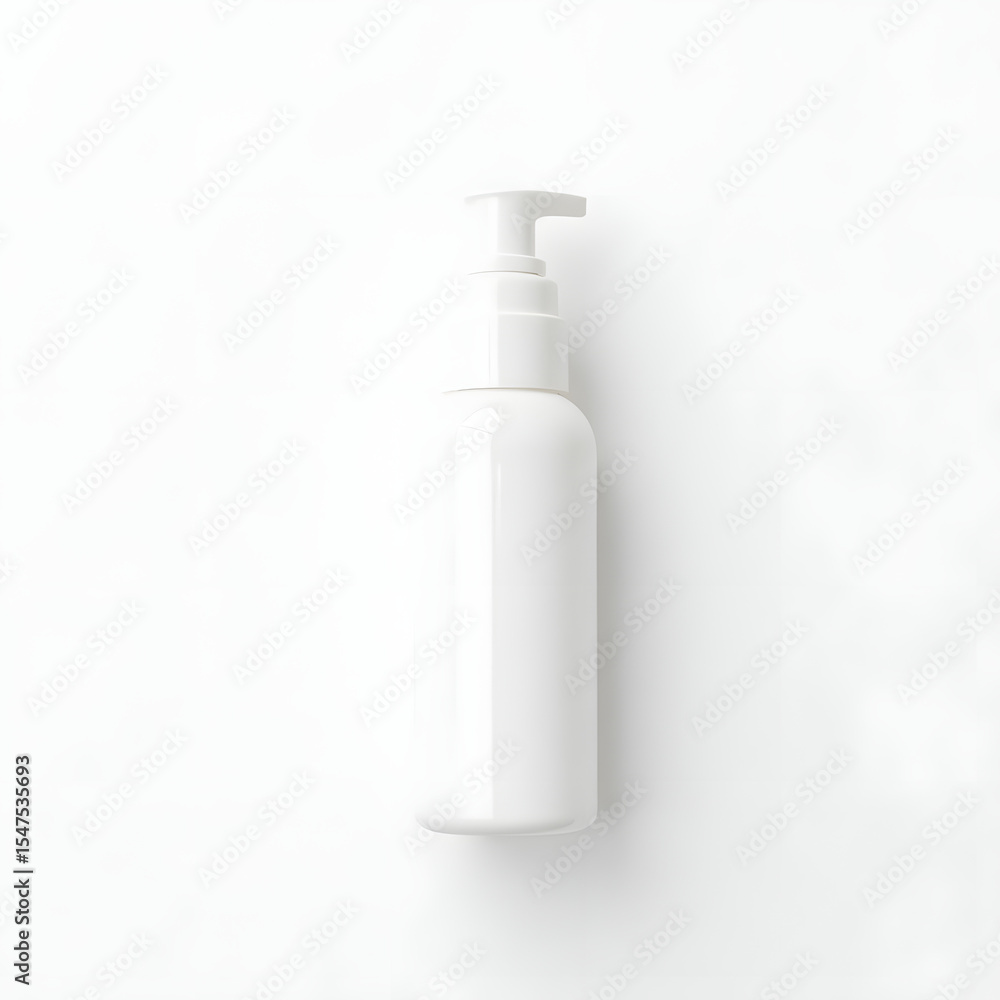 A white plastic bottle with a pump dispenser, centered on a white background. A white plastic bottle with a pump dispenser, centered on a white background.
