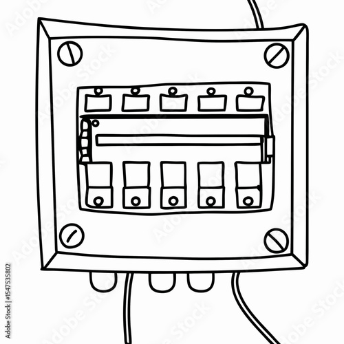 Electrical fuse box with circuit breakers and wires.  Industrial electrical panel with multiple switches and connections.