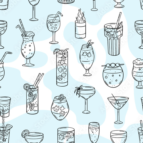 Sketch cocktails seamless pattern. Alcoholic drinks, different beverages with lime lemon. Beach bar party print design. Drinks vector background