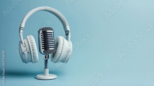 a retro microphone paired with stylish headphones against a soothing blue background. This setup creates a perfect ambiance for music lovers and podcast enthusiasts.