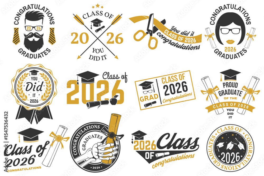 Naklejka premium Set of Vector Class of 2026 badges. Vector illustration. Concept for shirt, print, seal, overlay or stamp, greeting, invitation card. Typography design. For class of 2026 graduation.