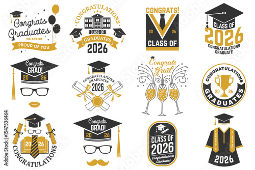 Set of Vector Class of 2026 badges. Vector illustration. Concept for shirt, print, seal, overlay or stamp, greeting, invitation card. Typography design. For class of 2026 graduation.