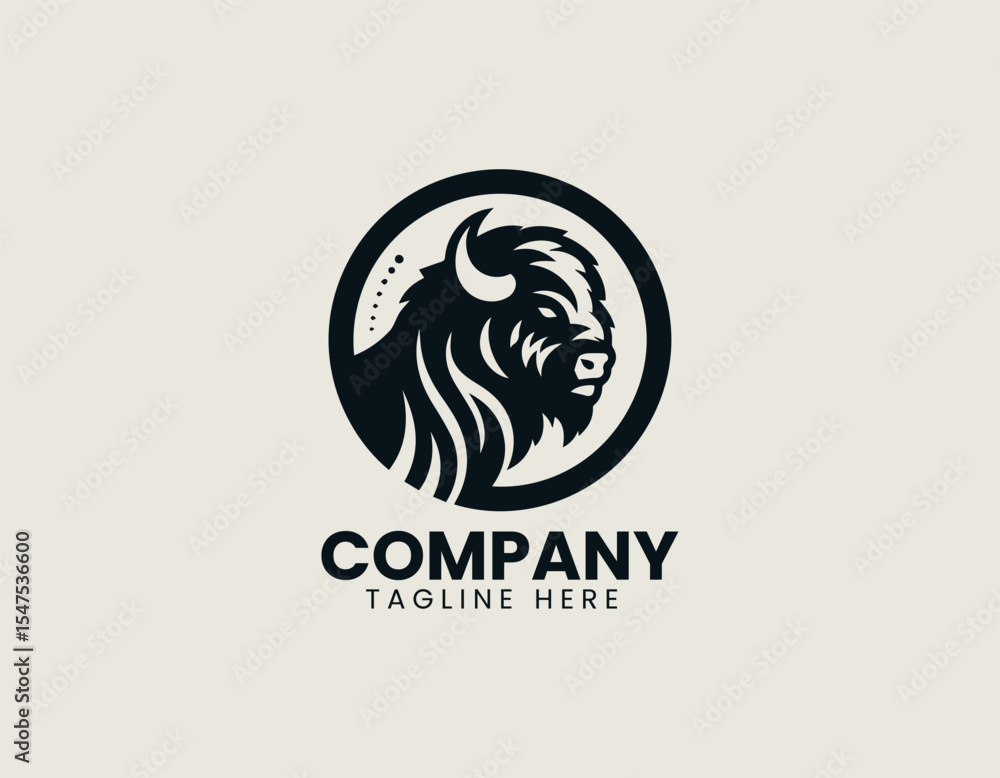 Fototapeta premium Bison head vector logo illustration depicting strong majestic animal silhouette inside circular emblem