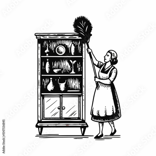 Housemaid dusting antique shelf with feather duster.  Cleaning lady maintains vintage display cabinet filled with glassware and porcelain.
