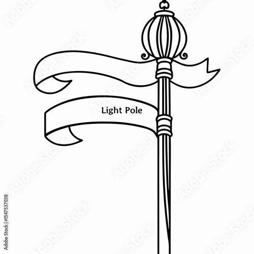 Ornate light pole with blank banner. Elegant light pole design features decorative finial and flowing ribbon banners perfect for adding text or logo.