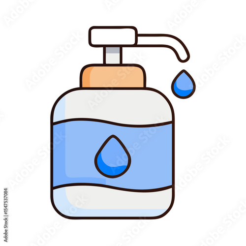 Liquid soap dispenser pump bottle with blue liquid.  Soap dispenser with pump mechanism and a single drop of liquid.  Clean liquid soap pump bottle design for hygiene product packaging.