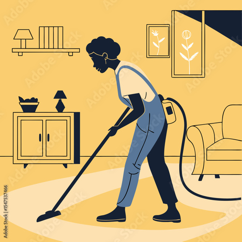 Woman vacuuming floor in living room. Person cleaning carpet with handheld vacuum cleaner. Home cleaning concept for housekeeping services advertisement.